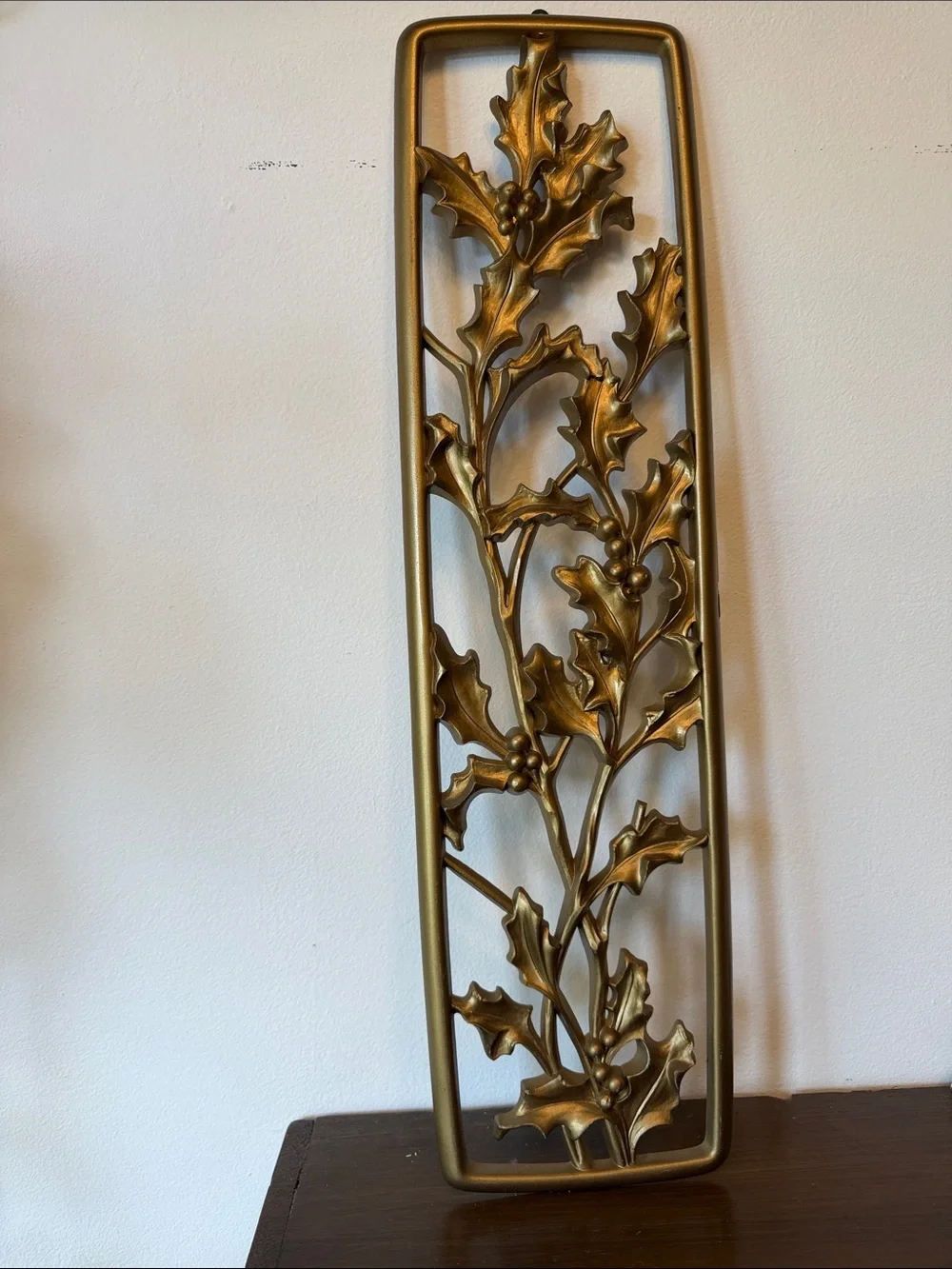 Ornate Gold Holly Branch Wall Panel - Decorative Metal-Style Wall Art